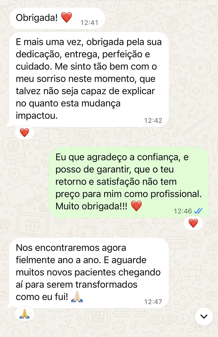 Mensagem de paciente sobre o resultado do tratamento